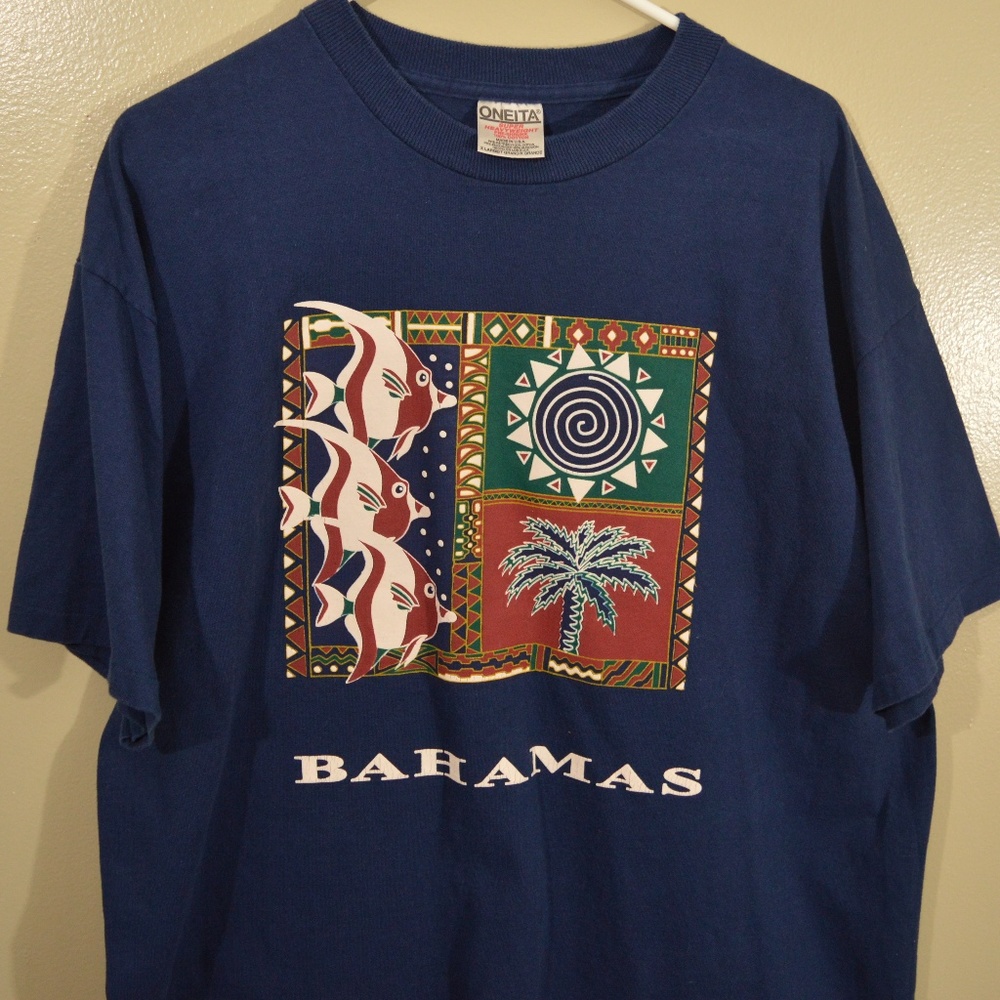 Vintage Oneita Bahamas Logo Shirt Navy Retro 90s